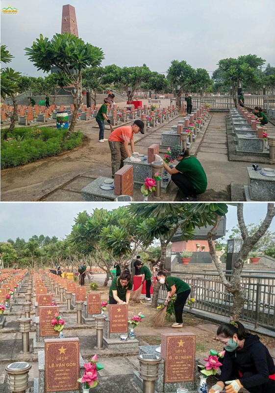 Giữa cái nắng của thành phố mang tên Bác, các Phật tử đủ mọi lứa tuổi cùng nhau quét dọn nghĩa trang liệt sĩ