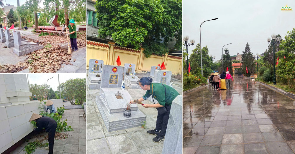 Khu nghĩa trang trở nên sạch sẽ, trang nghiêm hơn sau buổi dọn dẹp của các Phật tử