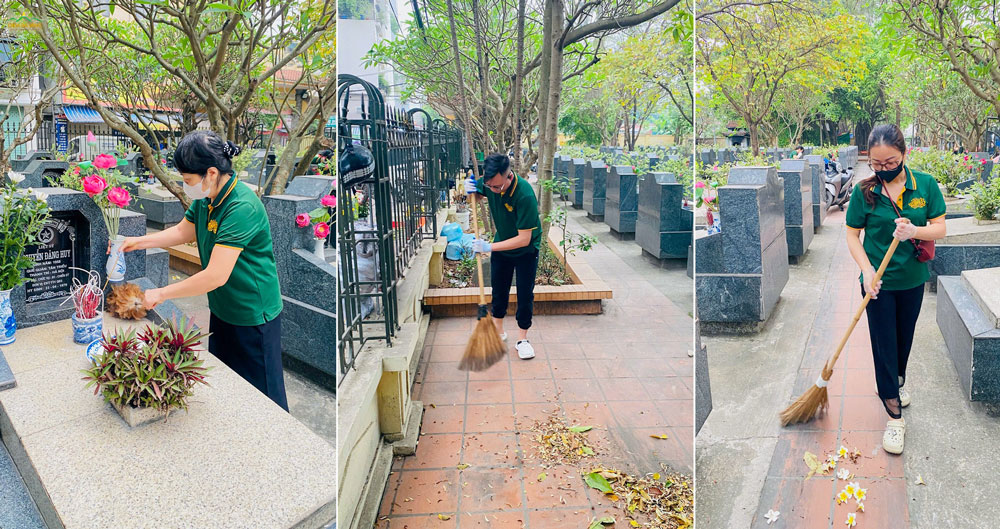 Quét lá, nhổ cỏ quanh từng phần mộ — công việc của một buổi sáng tại một nghĩa trang liệt sĩ ở Hà Nội