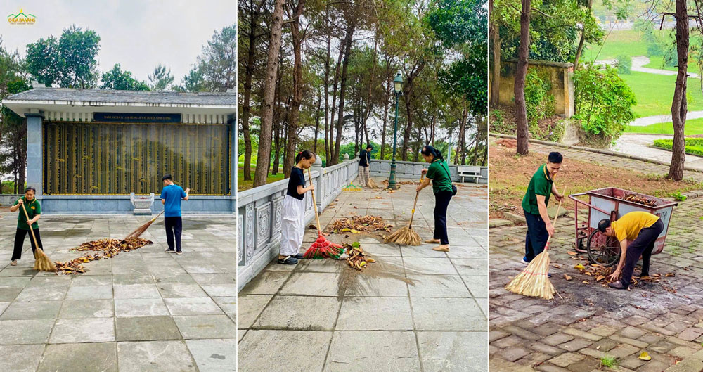 Quét sạch lớp lá rụng, dọn lại từng góc sân trước tấm bia ghi danh để nơi các anh yên nghỉ thêm phần sạch sẽ, tươm tất
