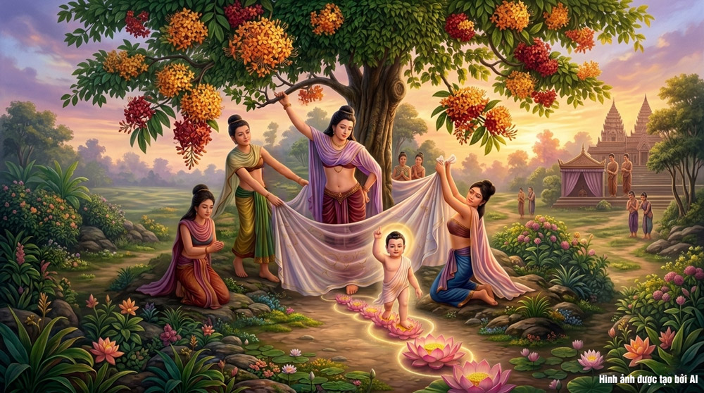 Đức Phật đản sinh trong khu vườn Lâm Tỳ Ni (ảnh minh họa)   