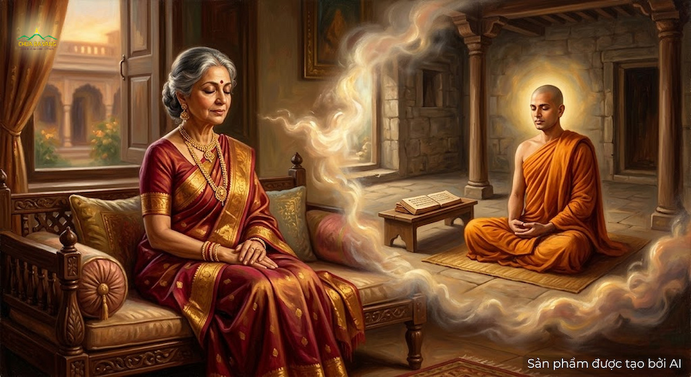 Bà cư sĩ ngồi tại nhà quan sát thấy Tỳ-kheo đã đạt đến cứu cánh đạo quả (ảnh minh hoạ)