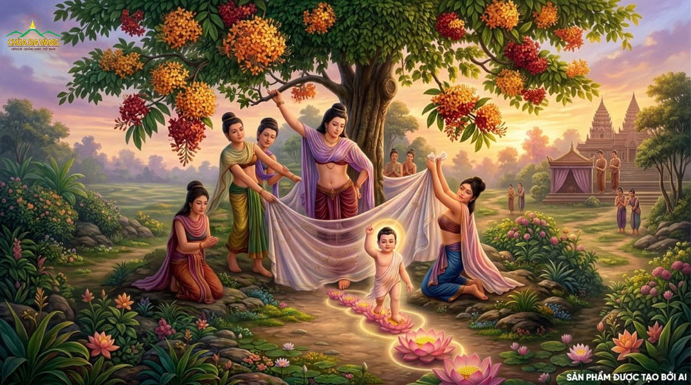 Khi vừa đản sinh, Đức Phật liền đi bảy bước và mỗi bước đều có hoa sen nâng gót (ảnh minh họa)