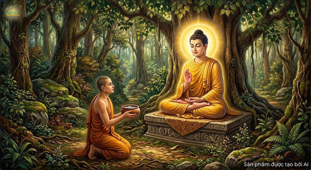 Ngài A Nan vâng lời Phật lấy nước ở sông để dâng lên Ngài (ảnh minh hoạ)