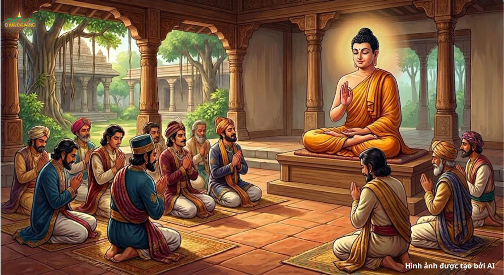 Các vị Sát-đế-lợi bác học tự nguyện quy y sau khi nghe lời dạy của Đức Phật (ảnh minh họa)