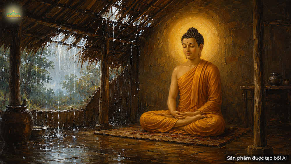 Đức Phật thị hiện cái thất của mình bị dột để đến lột mái nhà vị cư sĩ và giúp cho gia đình Ghatikara được khởi tâm hỷ lạc (ảnh minh hoạ)
