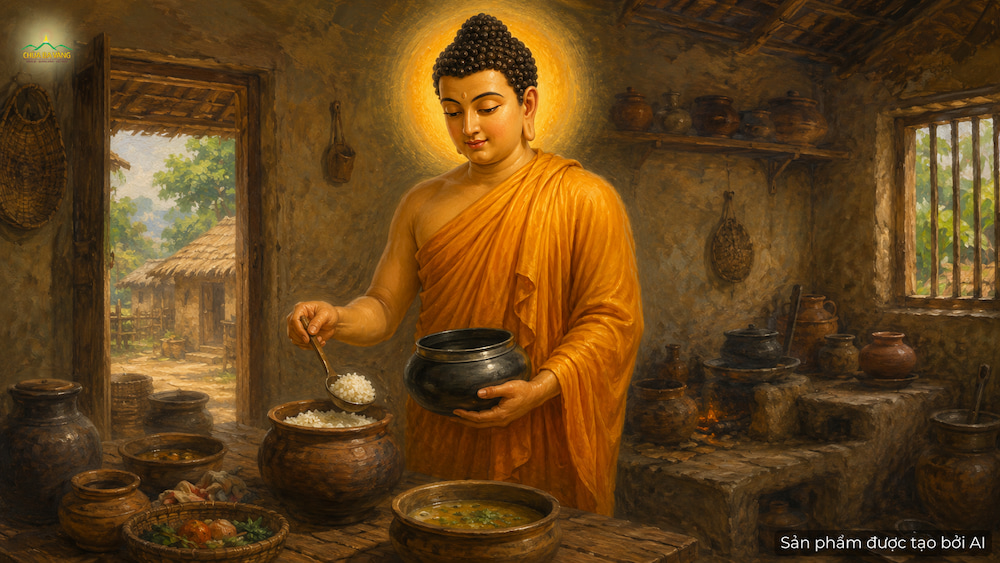 Đức Phật vào bếp nhà cư sĩ để khất thực (ảnh minh hoạ)