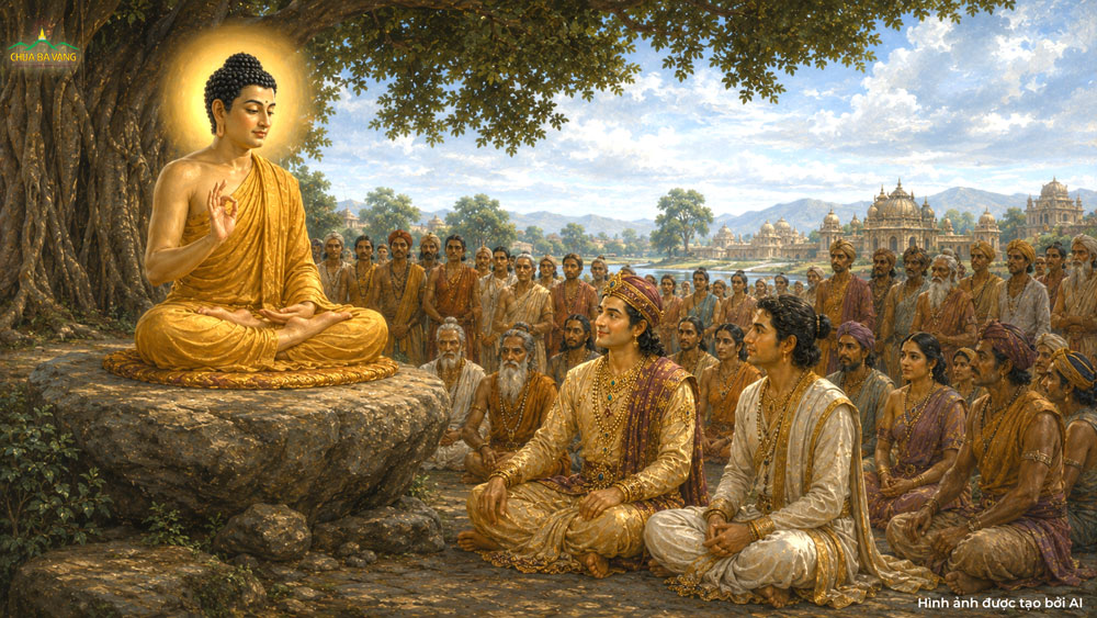 Đức Phật thuyết Pháp về lối sống chân chính tới nhà vua, Kumbha Ghosaka và dân chúng (ảnh minh họa)