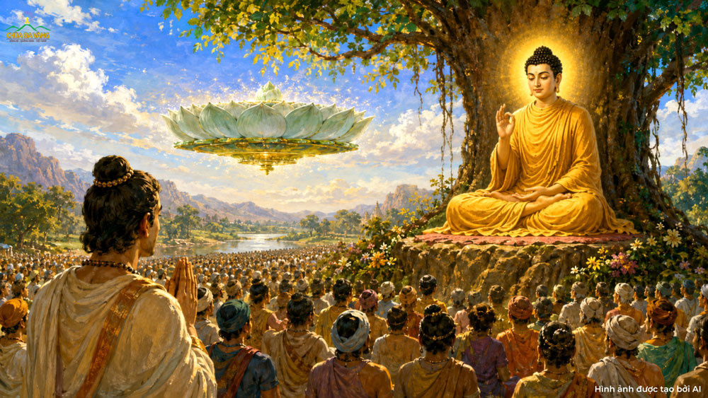 5 bông hoa sen được tu sĩ Thiện Huệ tung lên hư không liền biến thành đài sen lớn, bay đến chỗ Đức Phật Nhiên Đăng (ảnh minh họa)