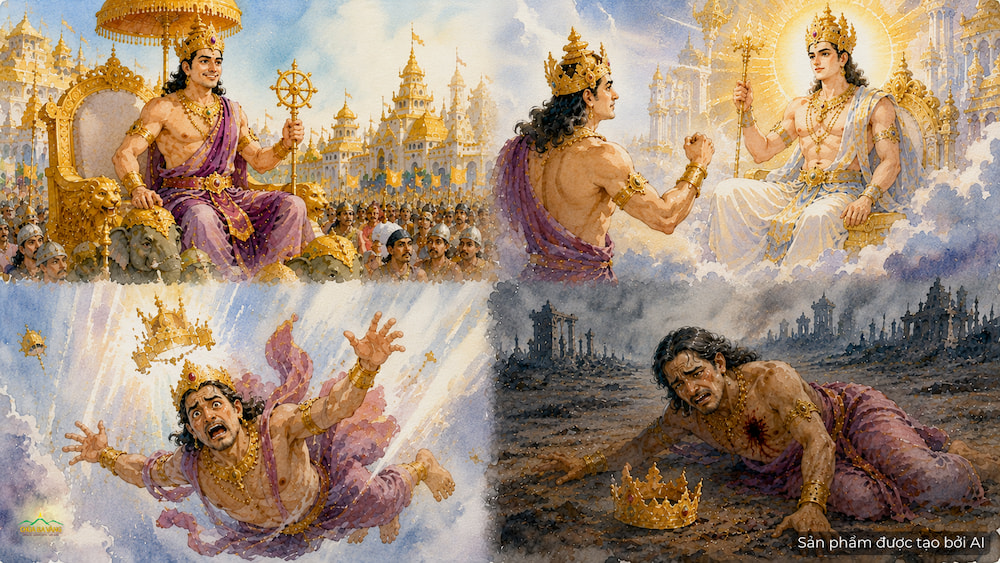 Vua Đảnh Sanh vì lòng tham muốn tranh ngôi với vua trời Đế Thích, dẫn đến việc hết phước (ảnh minh họa)