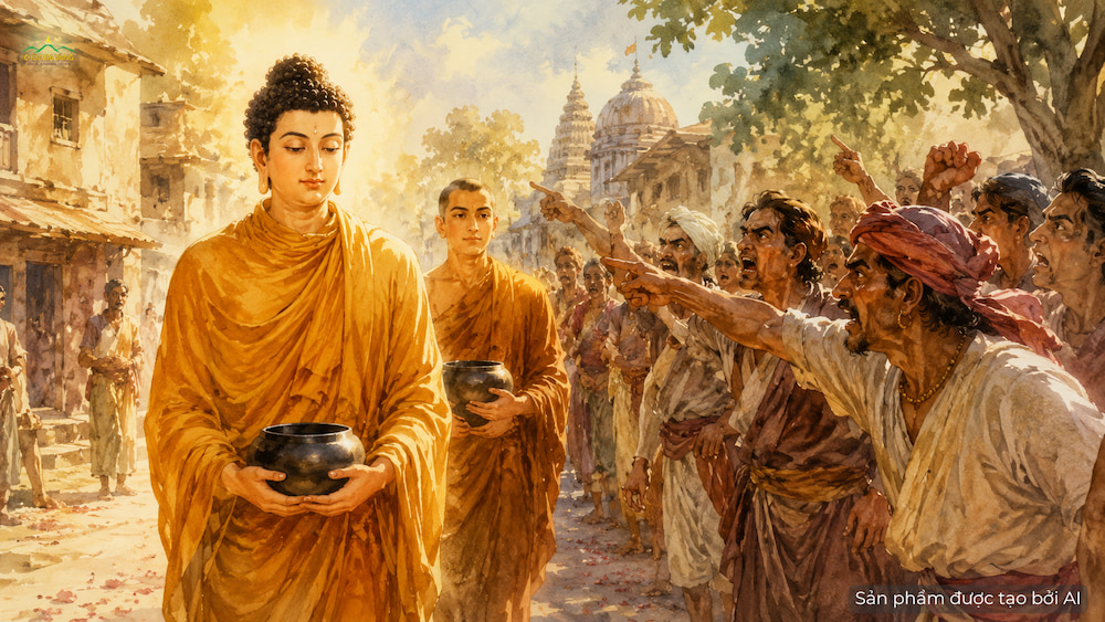 Đức Phật tự tại trước lời nhục mạ của những tên côn đồ do Magandiya xúi giục (ảnh minh hoạ)