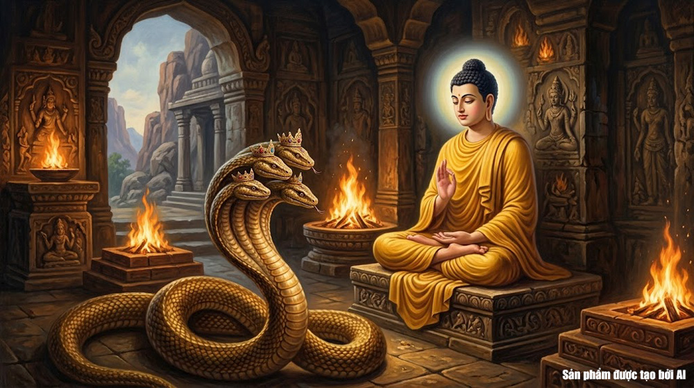Đức Phật bình thản thu phục Thần rắn và hóa độ cho nó quy y (ảnh minh họa)
