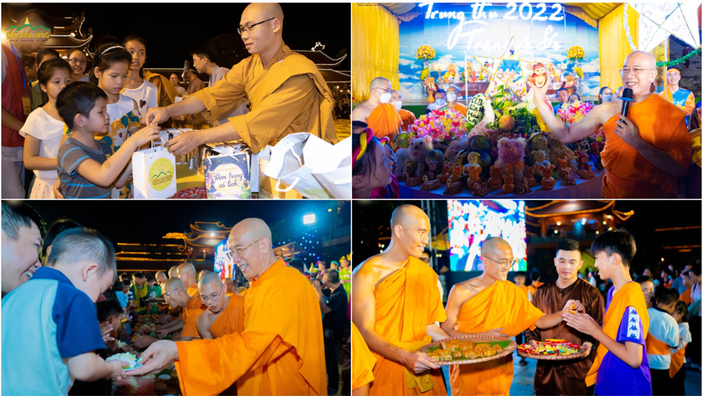Các em nhỏ nhận quà Trung thu từ Sư Phụ và chư Tăng
