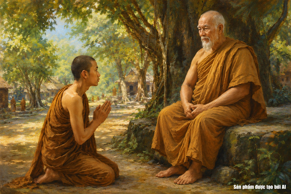 Du Tăng phương xa đến, lầm tưởng Tissa là bậc Đại Trưởng lão nên cung kính đảnh lễ (ảnh minh họa)