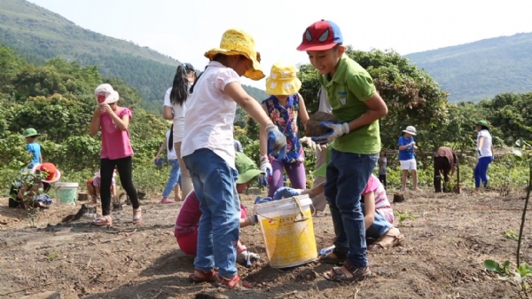 Các bạn học sinh trường THCS tp Uông Bí tham gia thời khóa lao tác tại vườn ươm chùa Ba Vàng.