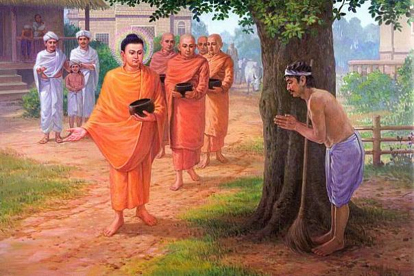 Tăng đoàn của Đức Phật trì bình khất thực trong một ngôi làng