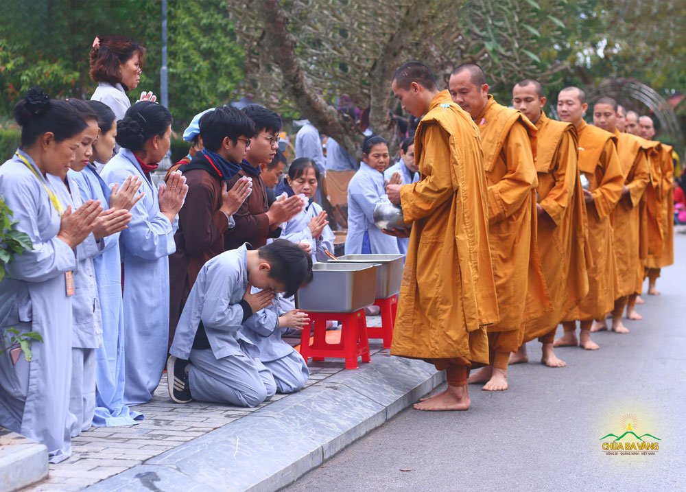 Phật tử chắp tay trang nghiêm đảnh lễ Tăng đoàn