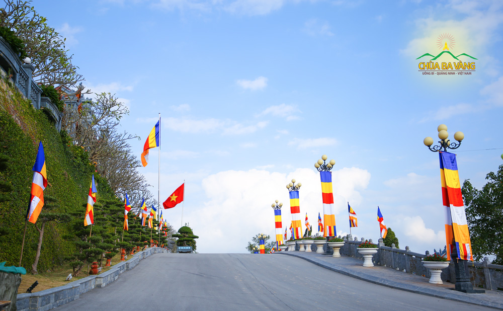 Những lá cờ Phật giáo được treo hai bên đường đi lên cổng Tam Quan Nội 