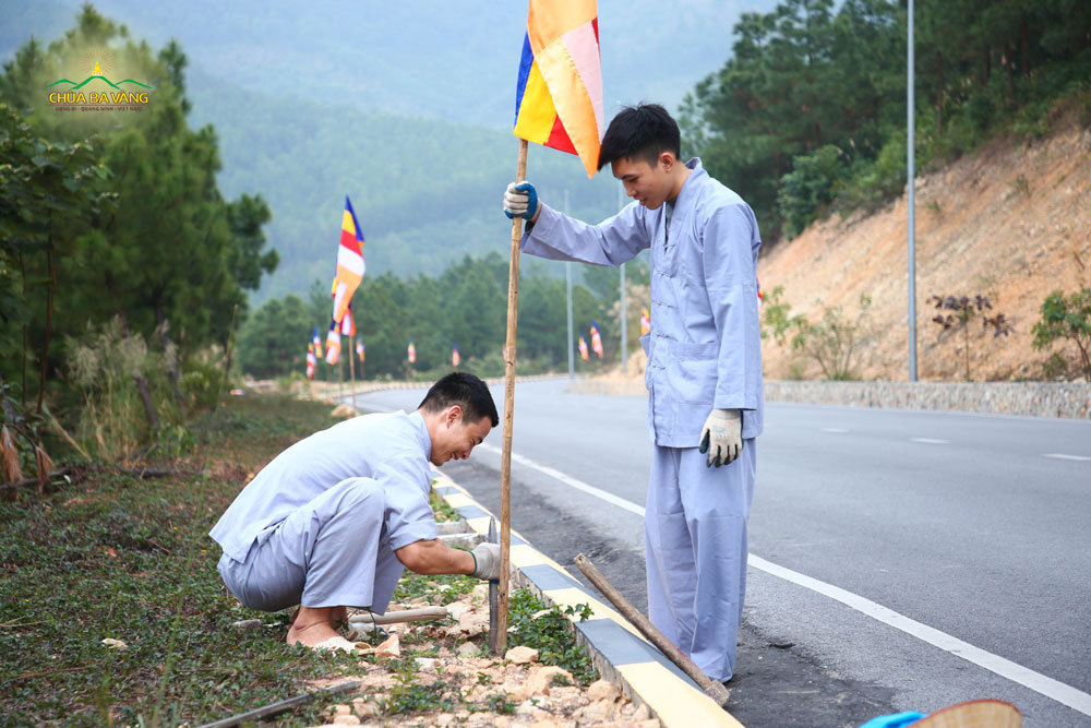 Hai bạn trẻ hoan hỷ khi được đi treo cờ hai bên con đường lên chùa