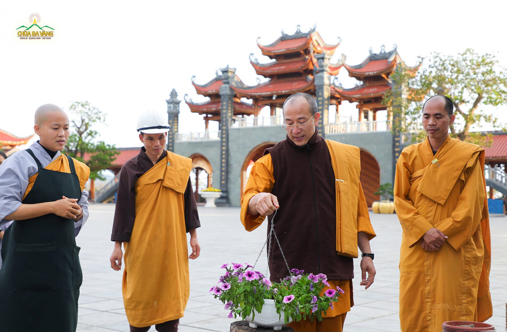 Sư Phụ hướng dẫn chư Tăng Ni và các Phật tử trong việc trang trí các chậu hoa