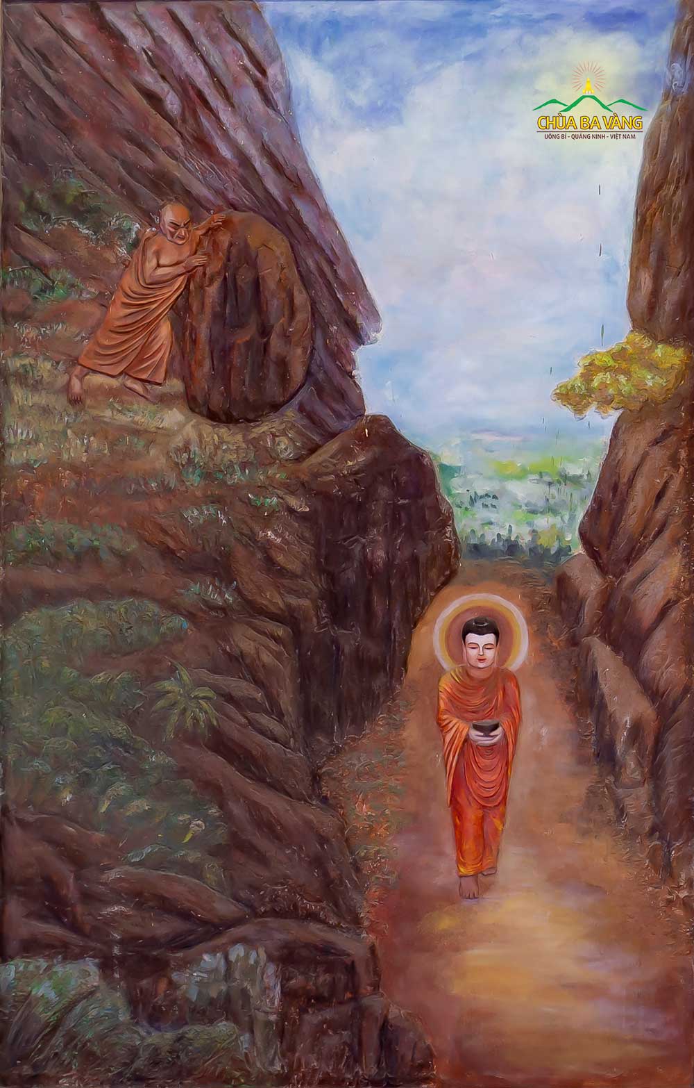 Đề Bà Đạt Đa lăn đá hại Phật khiến Phật bị chảy máu chân
