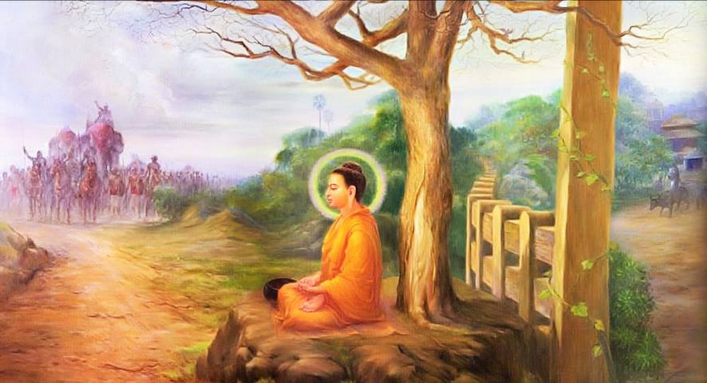 Đức Phật ngồi dưới gốc cây cành lá thưa thớt, ngăn cản vua Lưu Ly sang đánh dòng họ Thích Ca 