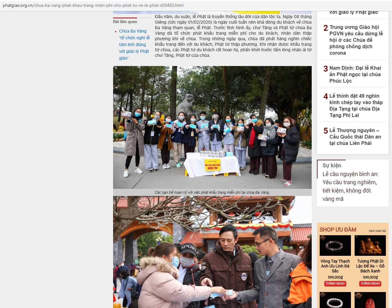 Hình ảnh Chùa Ba Vàng phát khẩu trang miễn phí trên trang phatgiao.org.vn