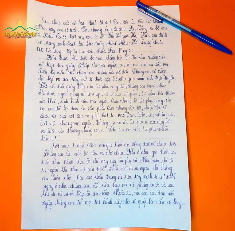 Bức thư của bé Bùi Thị Khánh Vi