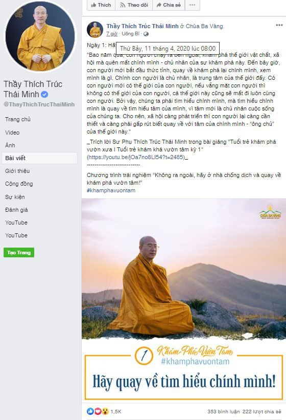 Chương trình trải nghiệm “Không ra ngoài, hãy ở nhà chống dịch và quay về khám phá vườn tâm” trên Fanpage Thầy Thích Trúc Thái Minh