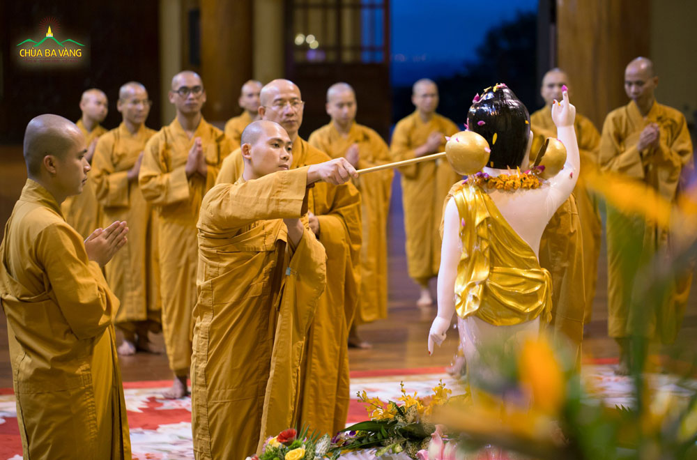   Chư Tăng chùa Ba Vàng thành kính lấy nước chiên đàn tắm lên Kim thân của Đức Phật  