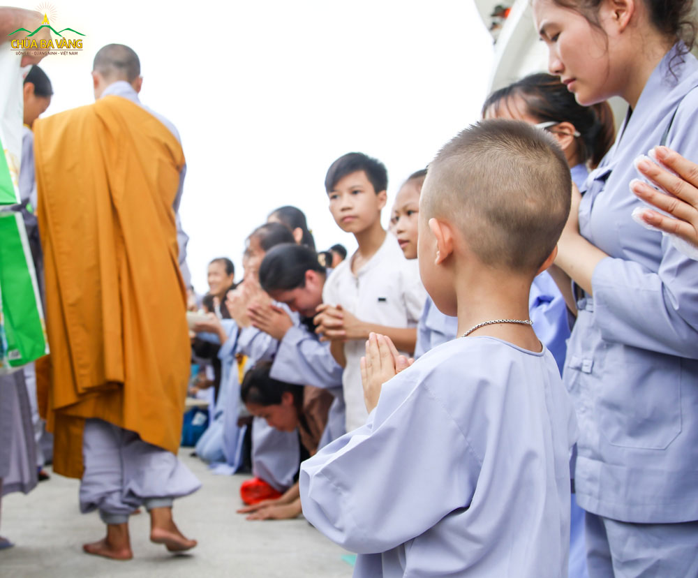 Phật tử nhí cung kính chắp tay khi chứng kiến hình ảnh Tăng đoàn trì bình khất thực