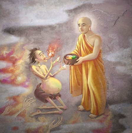 Ngài Mục Kiền Liên khi thấy mẹ bị đọa vào ngã quỷ đói khát, khổ cực đã đi khất thực xin cơm và dùng thần thông để xuống dâng cơm lên cho mẹ