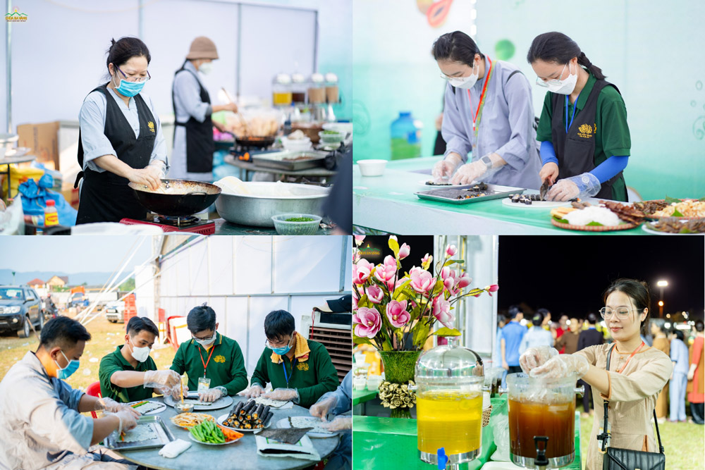 Phật tử chuẩn bị các món ăn chay trong gian hàng ẩm thực BTS GHPGVN huyện Minh Hóa.