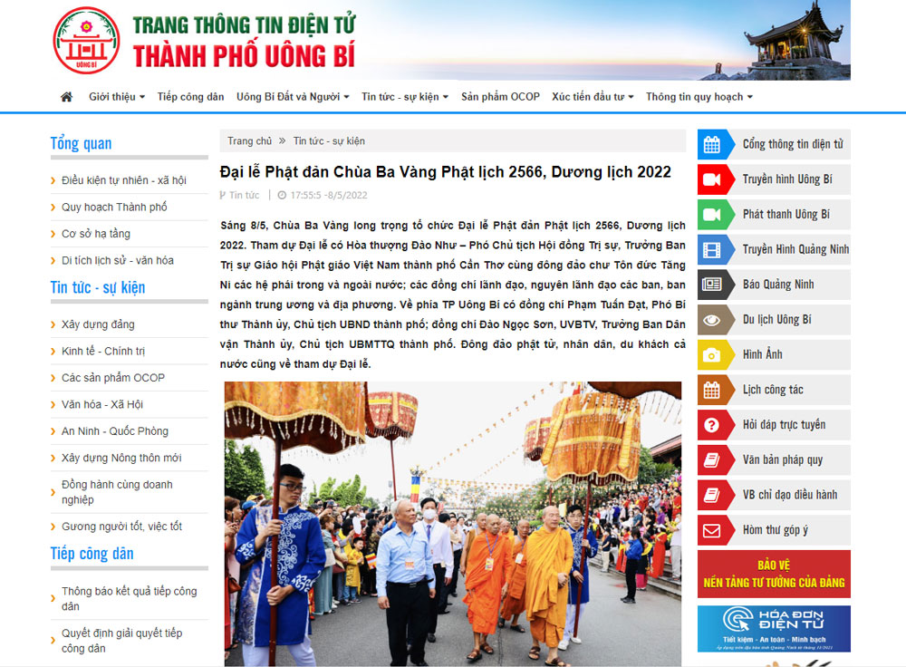Trang thông tin điện tử thành Phố Uông Bí với bài viết “Đại lễ Phật đản Chùa Ba Vàng Phật lịch 2566, Dương lịch 2022”