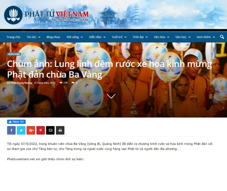 Trang Phật tử Việt Nam với bài viết “Chùm ảnh: Lung linh đêm rước xe hoa kính mừng Phật đản chùa Ba Vàng”  