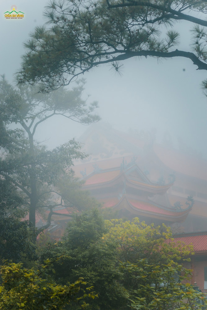 Những làn sương mỏng nhẹ vờn quanh trên mái chùa cong cong màu đỏ gạch