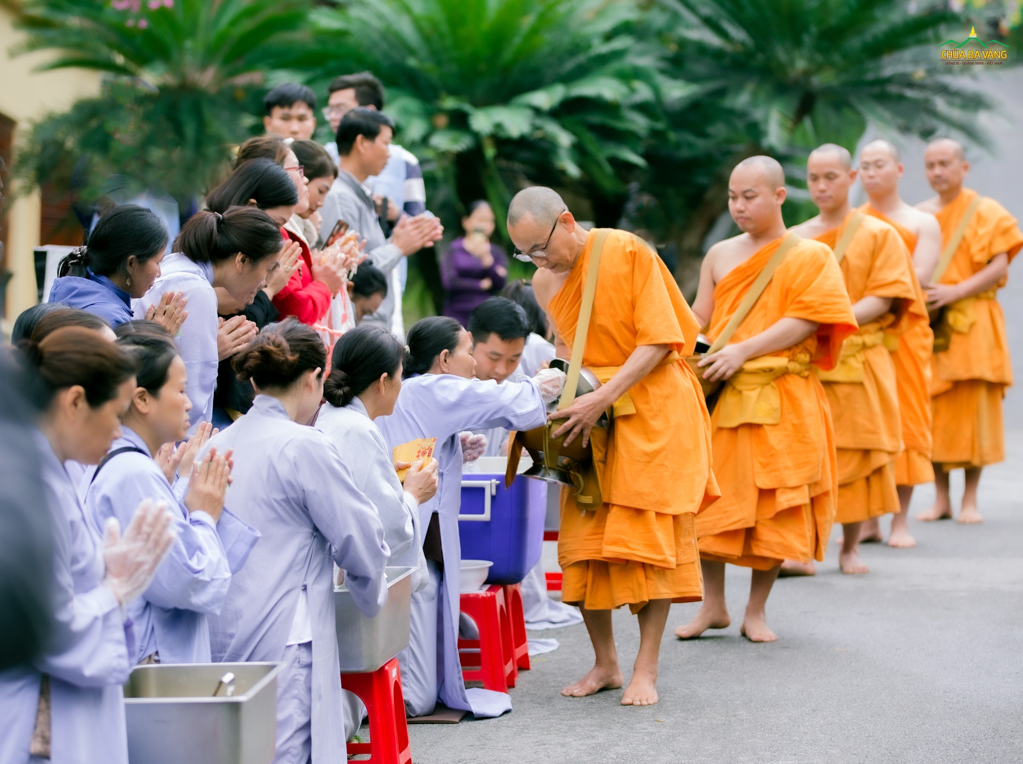 Thể theo lời thỉnh cầu của quý nhân dân, Phật tử, chư Tăng đã ôm bình bát, trì bình khất thực trong khuôn viên bổn tự để đón nhận sự cúng dường

