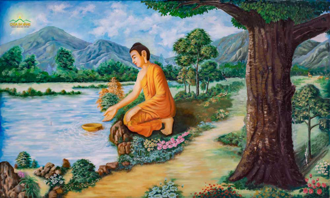 Thái tử Tất Đạt Đa đến bên bờ sông, thả chiếc bát xuống dòng nước và phát lời nguyện