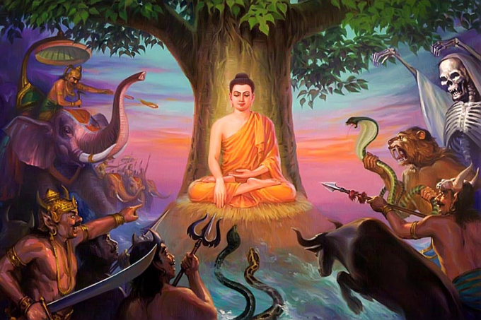 Thiên Ma Ba Tuần kéo đến chống phá Thái tử đắc đạo quả dưới cội cây Bồ Đề