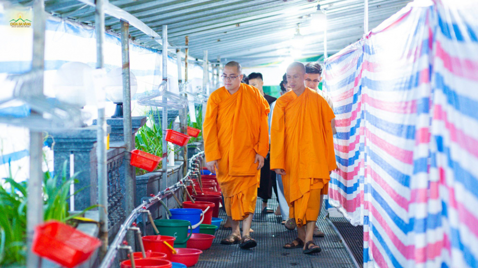 Đại đức Thích Trúc Bảo Trực - Phó trưởng ban thường trực Khóa tu mùa hè chùa Ba Vàng cùng đại diện chư Tăng và các Phật tử đi kiểm tra nơi tắm giặt của các bạn khóa sinh