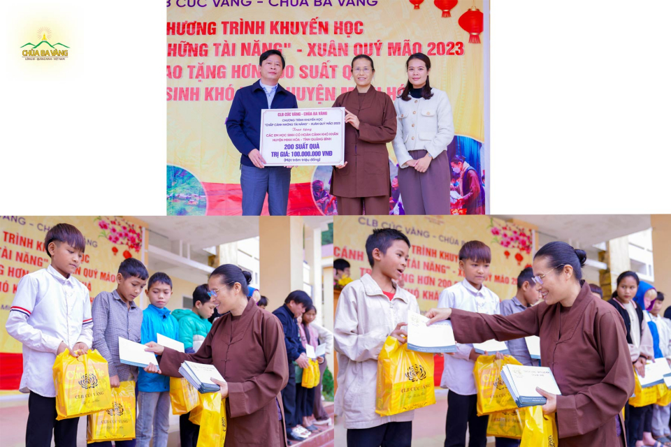 CLB Cúc Vàng, chùa Ba Vàng trao tặng 200 suất quà trị giá 100 triệu đồng tới các em học sinh có hoàn cảnh khó khăn huyện Minh Hóa, tỉnh Quảng Bình