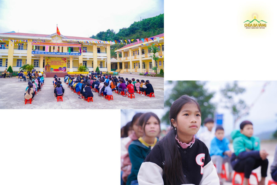 Các em học sinh trường PTDT bán trú, TH&THCS số 2 Trọng Hóa, huyện Minh Hóa, tỉnh Quảng Bình xếp hàng ngay ngắn tại sân trường