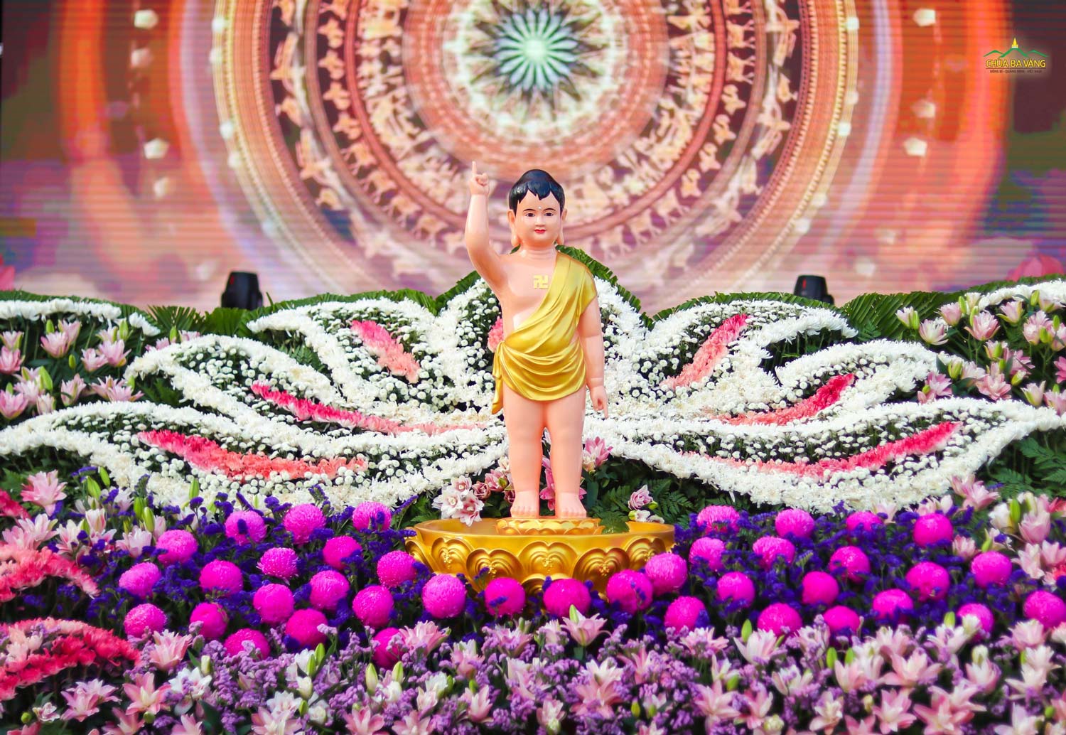 Tôn tượng Đức Phật đản sinh trang nghiêm giữa muôn hoa tươi thắm