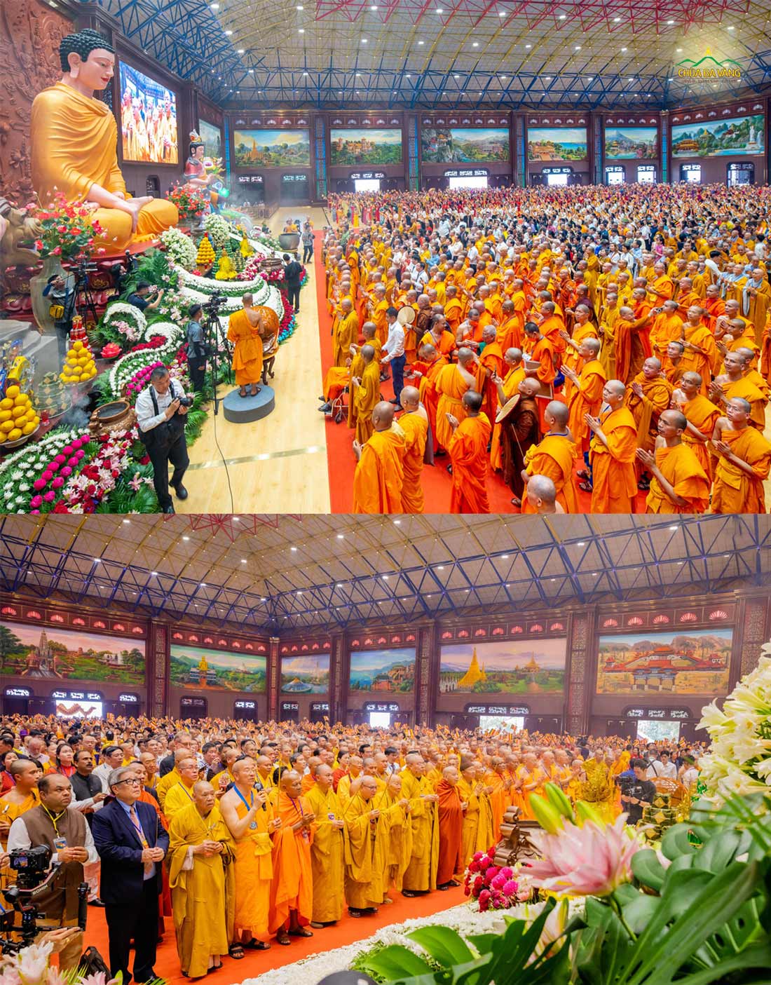 Chư Tôn đức Tăng cùng các vị đại biểu trong nước và quốc tế tiến vào tầng 2 tòa giảng đường dâng hương chiêm bái tôn tượng Đức Phật