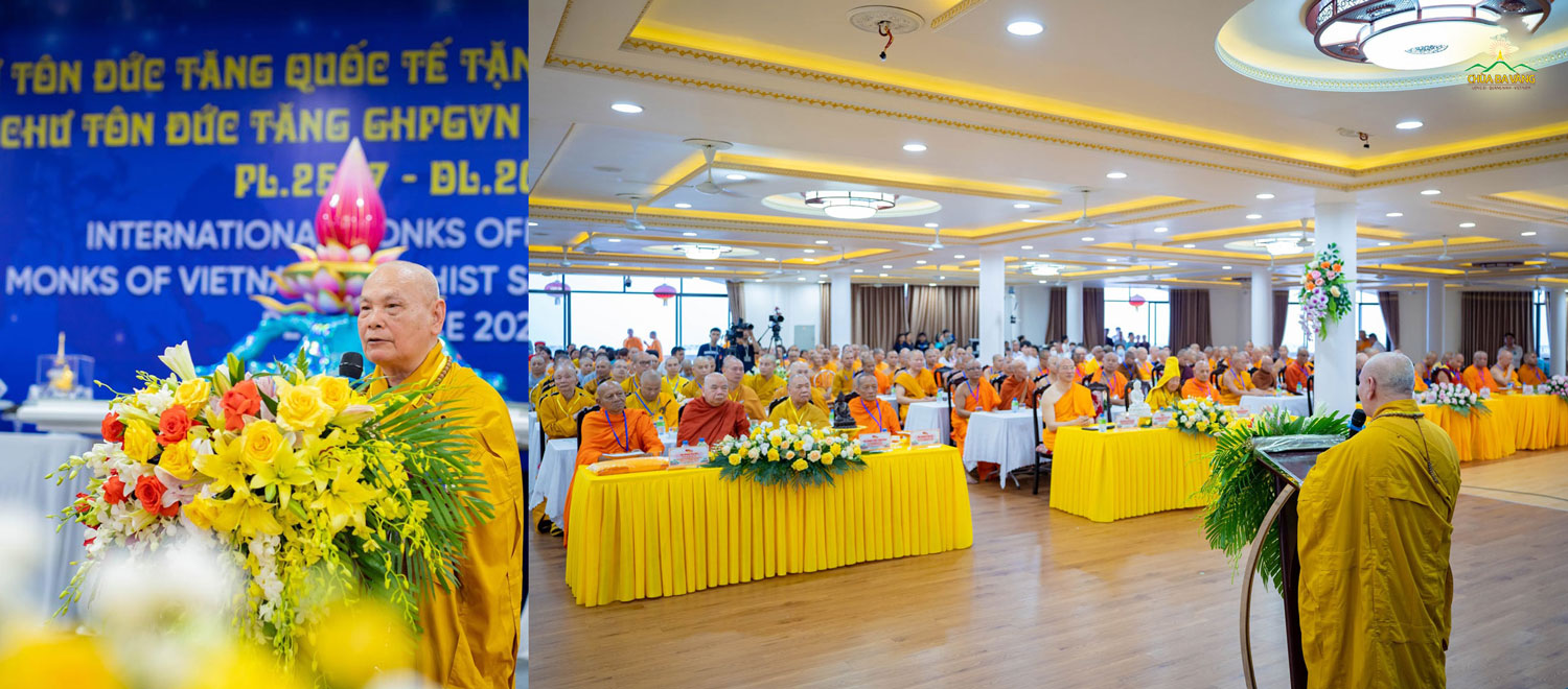 Hòa Thượng Thích Thiện Nhơn - Chủ tịch Hội đồng Trị sự, Trưởng Ban Tăng sự TW GHPGVN phát biểu tại buổi lễ