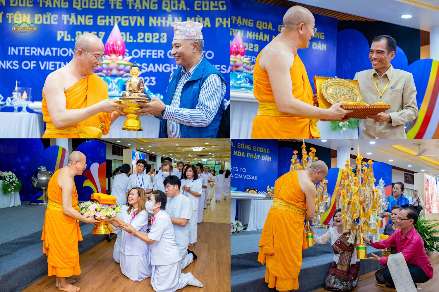 Sư Phụ Thích Trúc Thái Minh hoan hỷ đón nhận món quà từ đại biểu và phật tử quốc tế