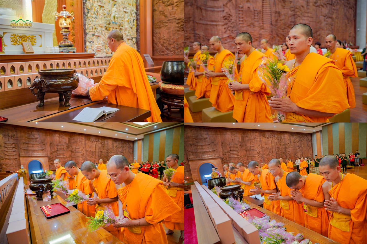 Thầy Thích Trúc Thái Minh và chư Tăng thành kính dâng hoa cúng dường tôn tượng Đức Phật