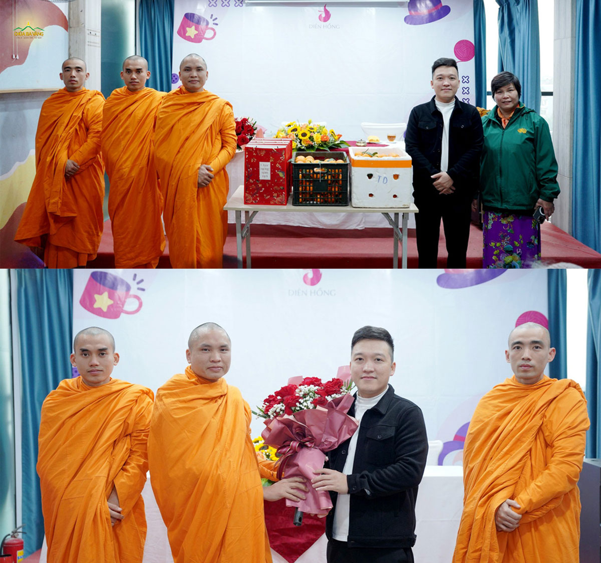 Anh Ngô Hải Linh - Quản lý Trung tâm dưỡng lão Diên Hồng tặng hoa thay cho lời cảm ơn gửi tới quý Thầy chùa Ba Vàng