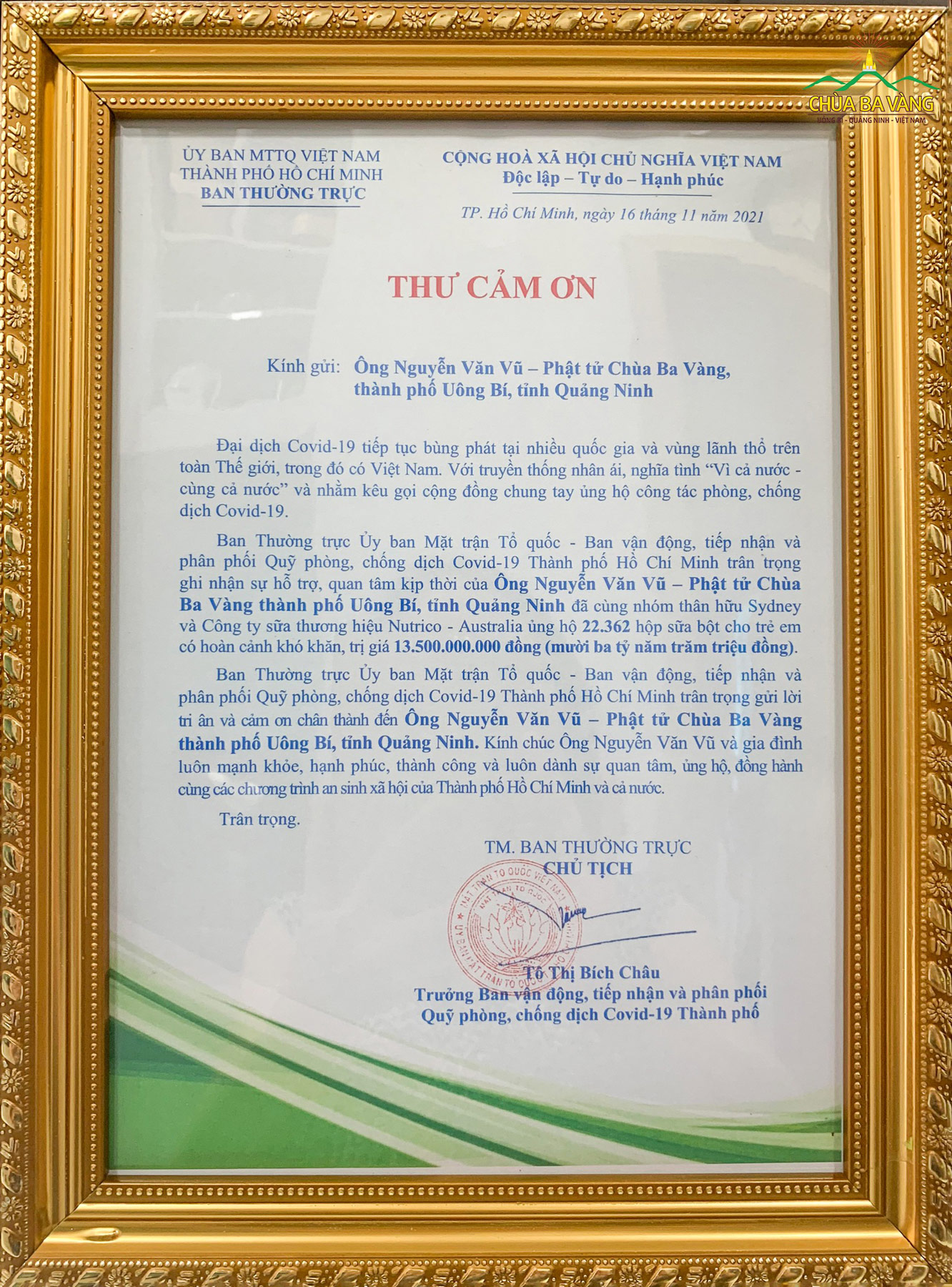 Ủy ban MTTQVN TP. Hồ Chí Minh gửi thư cảm ơn đến ông Nguyễn Văn Vũ - Phật tử chùa Ba Vàng