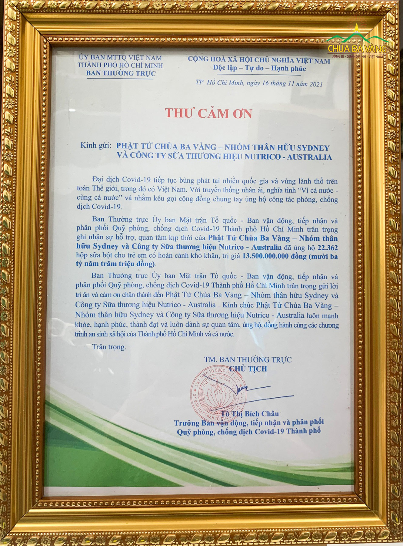 Ủy ban MTTQVN TP. Hồ Chí Minh gửi thư cảm ơn đến Phật tử chùa Ba Vàng - nhóm thân hữu Sydney và Công ty sữa thương hiệu Nutrico - Australia